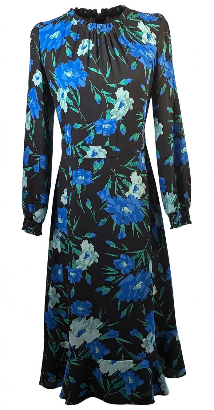 J.Crew Ruffle-Neck Floral Midi Dress Black Blue Long Sleeve 8